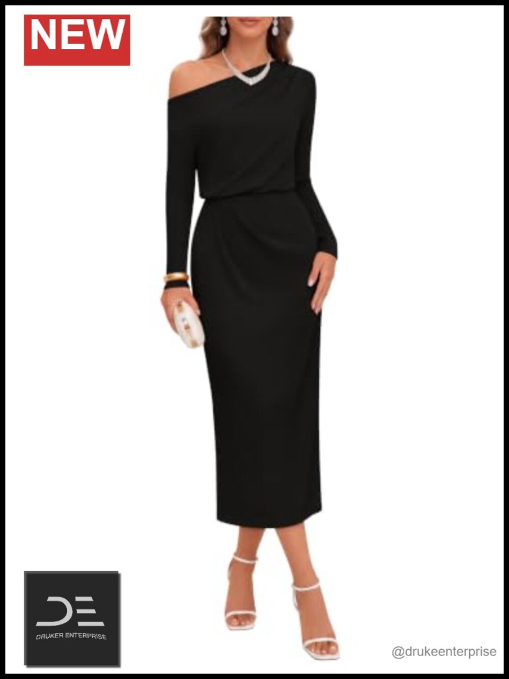 Women's Off Shoulder Long Sleeve Midi Dress Ruched High Waist Formal Wedding